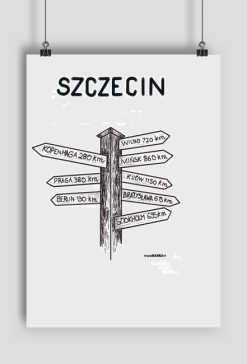 Plakat ze Szczecina z drogowskazem