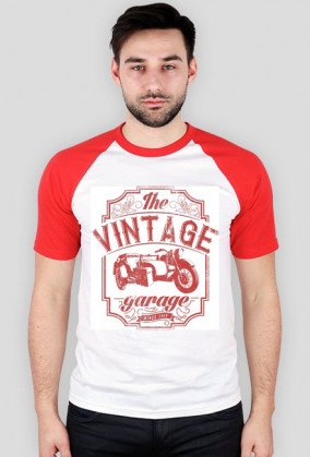 Koszulka męska, nadruk: motocykl z wózkiem bocznym, napis Vintage garage