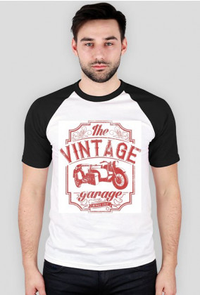 Koszulka męska, nadruk: motocykl z wózkiem bocznym, napis Vintage garage