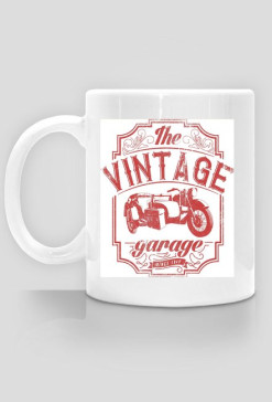 Kubek, nadruk: motocykl z wózkiem bocznym, napis Vintage garage
