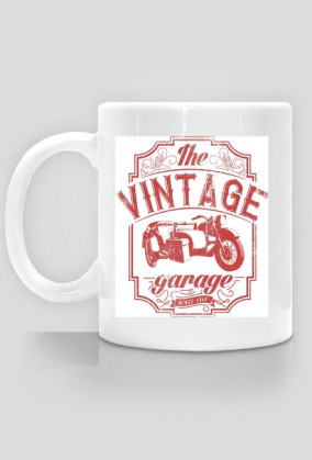 Kubek, nadruk: motocykl z wózkiem bocznym, napis Vintage garage