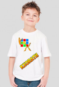 Koszulka dziecięca z logiem na piersi i podpisem.