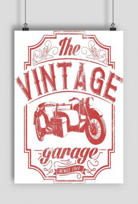 Plakat A2, nadruk: motocykl z wózkiem bocznym, napis Vintage garage