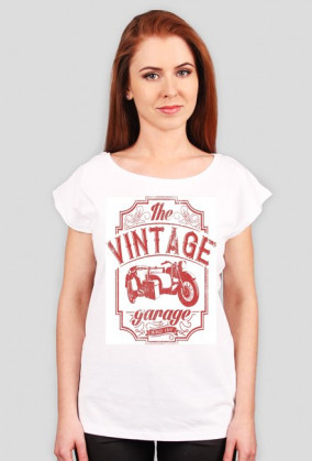Koszulka damska, nadruk: motocykl z wózkiem bocznym, napis Vintage garage