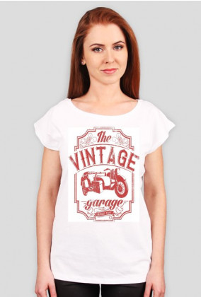 Koszulka damska, nadruk: motocykl z wózkiem bocznym, napis Vintage garage