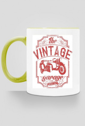 Kubek, nadruk: motocykl z wózkiem bocznym, napis Vintage garage