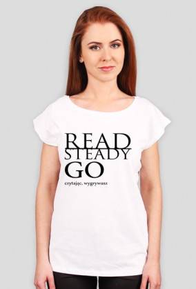 koszulka damska biała/szara: READ SATEADY GO - CZYTAJĄC, WYGRYWASZ