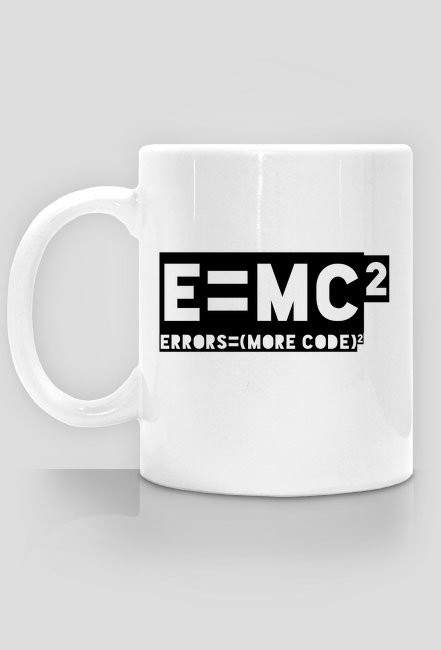 Kubek - e=mc2 - errors = (more code)2 - koszulki informatyczne, koszulki dla programisty i informatyka - dziwneumniedziala.cupsell.pl