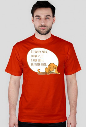 Człowiek pada, ledwo żyje, Kotek sobie brzuszek myje – t-shirt męski