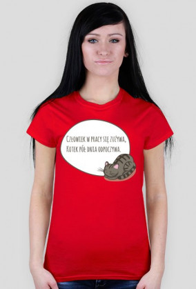 Człowiek w pracy się zużywa, Kotek pół dnia odpoczywa – t-shirt damski