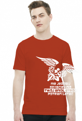 NIE JEŹDZIJ SZYBCIEJ NIŻ TWÓJ ANIOŁ STRÓŻ POTRAFI LATAĆ - męska koszulka motocyklowa
