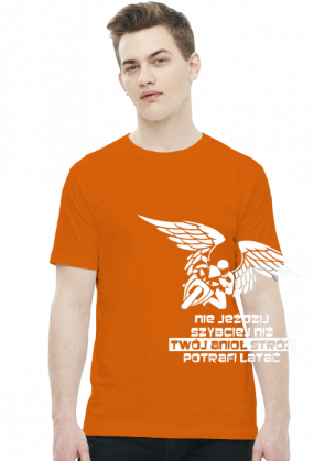 NIE JEŹDZIJ SZYBCIEJ NIŻ TWÓJ ANIOŁ STRÓŻ POTRAFI LATAĆ - męska koszulka motocyklowa