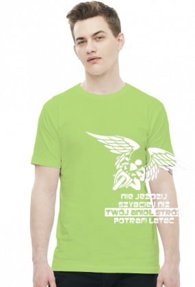 NIE JEŹDZIJ SZYBCIEJ NIŻ TWÓJ ANIOŁ STRÓŻ POTRAFI LATAĆ - męska koszulka motocyklowa