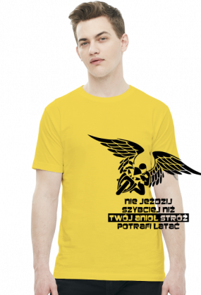 NIE JEŹDZIJ SZYBCIEJ NIŻ TWÓJ ANIOŁ STRÓŻ POTRAFI LATAĆ - męska koszulka motocyklowa
