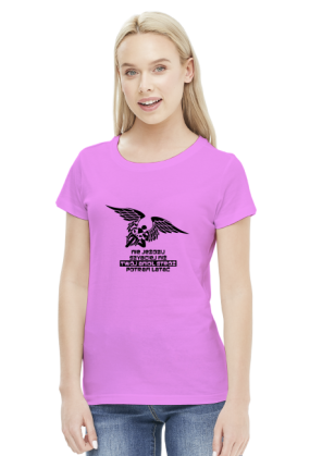 NIE JEŹDZIJ SZYBCIEJ NIŻ TWÓJ ANIOŁ STRÓŻ POTRAFI LATAĆ - damska koszulka motocyklowa