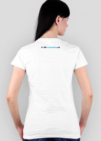 Koszulka damska, biała. Logo z przodu i napis z tyłu.