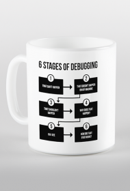 "6 Stages of debugging" - Kubek dla programisty (Czarny nadruk)