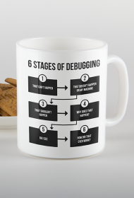 "6 Stages of debugging" - Kubek dla programisty (Czarny nadruk)