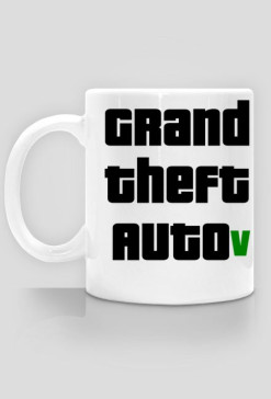 Kubek z tytułem popularnej gry na PC. GTA 5