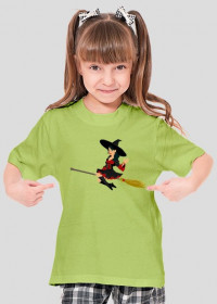 Koszulka dziewczęca zielona z nadrukiem postaci na miotle