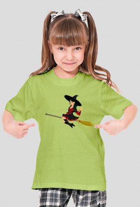 Koszulka dziewczęca zielona z nadrukiem postaci na miotle