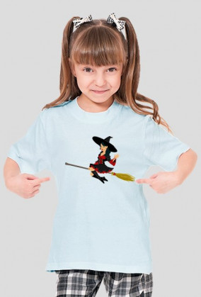 Koszulka dziewczęca zielona z nadrukiem postaci na miotle