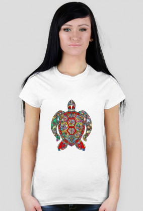Koszulka damska czerwona z nadrukiem wielokolorowego żółwia