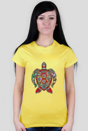 Koszulka damska czerwona z nadrukiem wielokolorowego żółwia