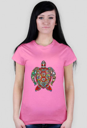 Koszulka damska czerwona z nadrukiem wielokolorowego żółwia