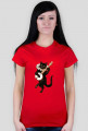Koszulka damska czerwona z humorystycznym wizerunkiem grającego czarnego kota