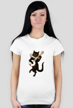 Koszulka damska czerwona z humorystycznym wizerunkiem grającego czarnego kota