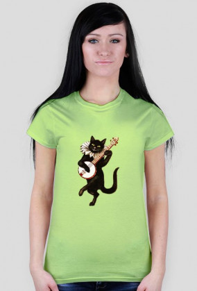 Koszulka damska czerwona z humorystycznym wizerunkiem grającego czarnego kota