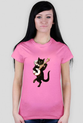 Koszulka damska czerwona z humorystycznym wizerunkiem grającego czarnego kota