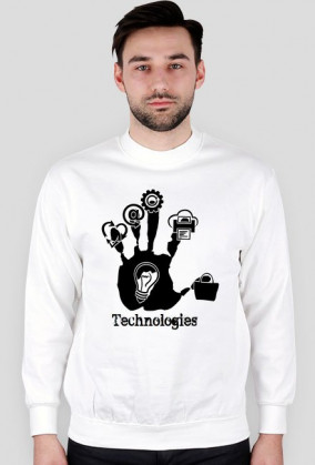 Bluza męska biała z napisem technologies oraz z nadrukiem symboli dzisiejszych technologi