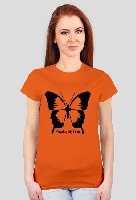 Koszulka damska niebieska z nadrukiem dużego pięknego motyla