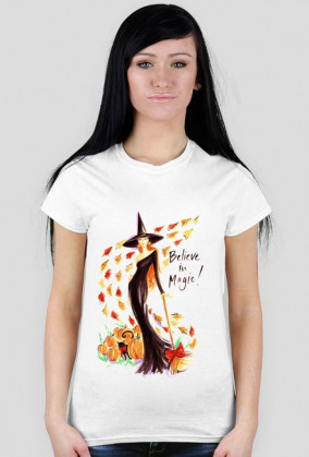 Koszulka damska niebieska z nadrukiem czarownicy oraz napisem believe in magic!