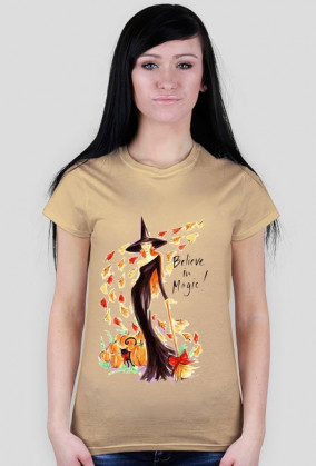 Koszulka damska niebieska z nadrukiem czarownicy oraz napisem believe in magic!