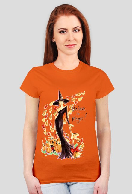 Koszulka damska niebieska z nadrukiem czarownicy oraz napisem believe in magic!
