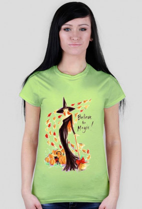 Koszulka damska niebieska z nadrukiem czarownicy oraz napisem believe in magic!