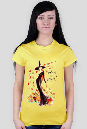 Koszulka damska niebieska z nadrukiem czarownicy oraz napisem believe in magic!