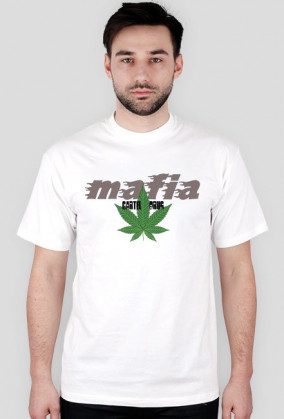 Koszulka męska biała z nadrukiem liścia marichuany wraz z napisami