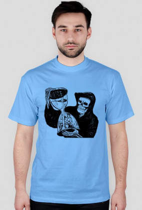 Koszulka męska błękitna z nadrukiem zakapturzonej czarnej śmierci trzymającą klepsydre z człowiekiem wewnątrz niej
