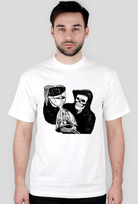 Koszulka męska błękitna z nadrukiem zakapturzonej czarnej śmierci trzymającą klepsydre z człowiekiem wewnątrz niej