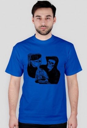 Koszulka męska błękitna z nadrukiem zakapturzonej czarnej śmierci trzymającą klepsydre z człowiekiem wewnątrz niej