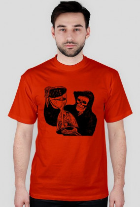 Koszulka męska błękitna z nadrukiem zakapturzonej czarnej śmierci trzymającą klepsydre z człowiekiem wewnątrz niej