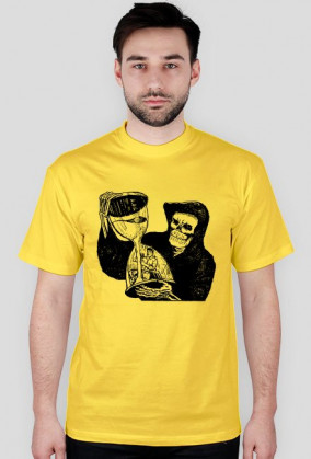 Koszulka męska błękitna z nadrukiem zakapturzonej czarnej śmierci trzymającą klepsydre z człowiekiem wewnątrz niej