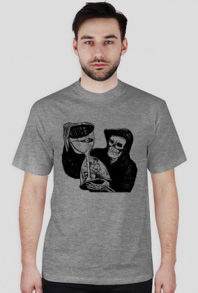 Koszulka męska błękitna z nadrukiem zakapturzonej czarnej śmierci trzymającą klepsydre z człowiekiem wewnątrz niej