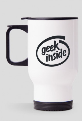 Kubek termiczny dobry pomysł na tani i śmieszny prezent dla programisty, nerda, geeka, na urodziny, na mikołajki, pod choinkę - Geek Inside parodia Intel Inside