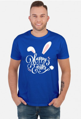 Happy Easter - biały napis z uszami i ogonem królika - męska koszulka