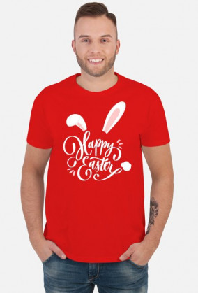 Happy Easter - biały napis z uszami i ogonem królika - męska koszulka